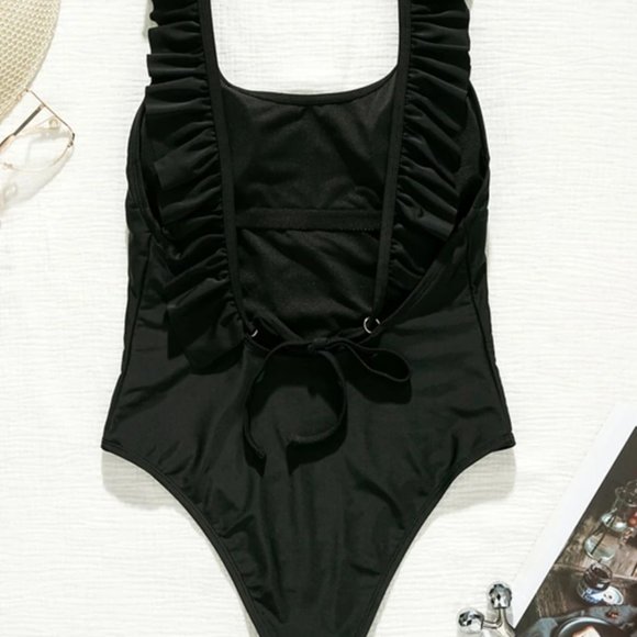 Black Ruffle Trim One Piece Swimsuit - Picture 4 of 8